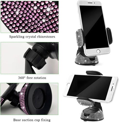 Wevdn 360 Phone Holder for Car, Rotatable Sparkling Diamond Phone Mount with Suction Cup Base, Rhinestone Phone Holder