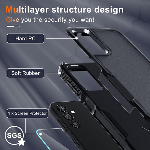 Samsung Galaxy A25 Case: Heavy Duty Rugged Shockproof Cover with Lanyard, Tempered Glass Protector, Black Matte.