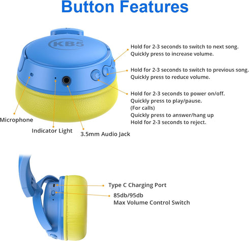 Contixo KB-5 Kids Headphones - Foldable Bluetooth Wireless Over The Ear Headphones for Kids - 85dB Volume Limited (Blue