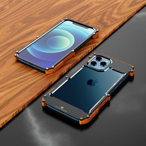 Kowauri Case for iPhone 12 Pro Max, Drop Protection Aluminum Metal Wood Bumper Frame Cover, Black