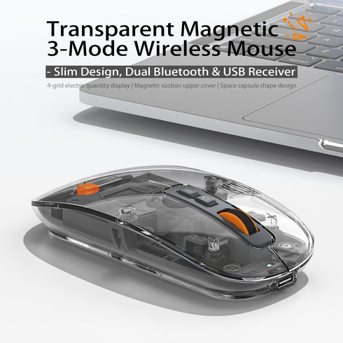 FMOUSE 3-Mode Sleek Transparent Magnetic Wireless Mouse - Connectivity (Dual Bluetooth + USB), DPI Adjust & One-Key