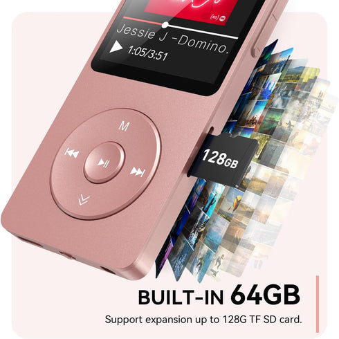 AGPTEK A02 MP3 5.3, 1.8 inch 128GB(Rose 64GB) Player with Bluetooth Screen Portable Music Player with Speaker, FM