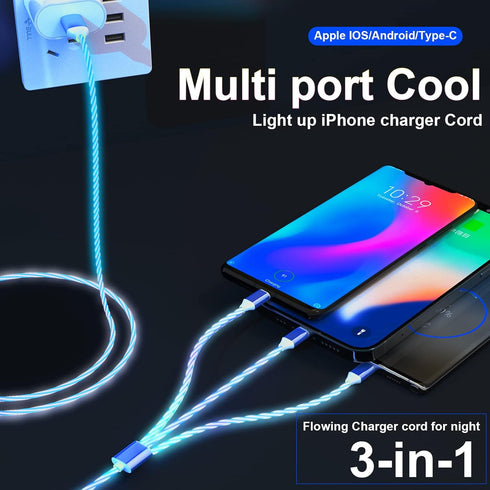 iPhone LED Light Up Flowing Charging Cable, 4Ft Multi 3 in 1 USB Universal Fast Charging Cord for Android/Apple