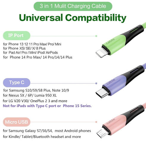 Multi Charging Cable 2Pack 5FT, 3 in 1 5A Multiple USB Fast Charger Cord Adapter with IP/USB C/Micro USB Port Connectors, for Phone 14 13/Samsung Galaxy/Pixel/Phones/Tablets and More