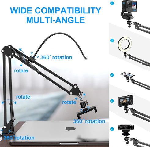 Overhead Camera Mount with Ring Light, 6’’ Phone Mount for iPhone Camera Webcam, Articulating Arm