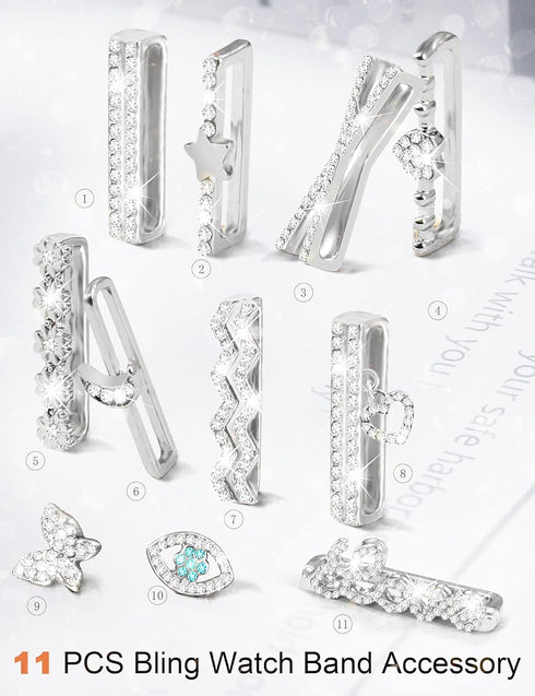 JR.DM 11-Pcs Super Bling Watch Charms with 9-Pcs Decorative Rings, Compatible with Apple Watch Band Accessories