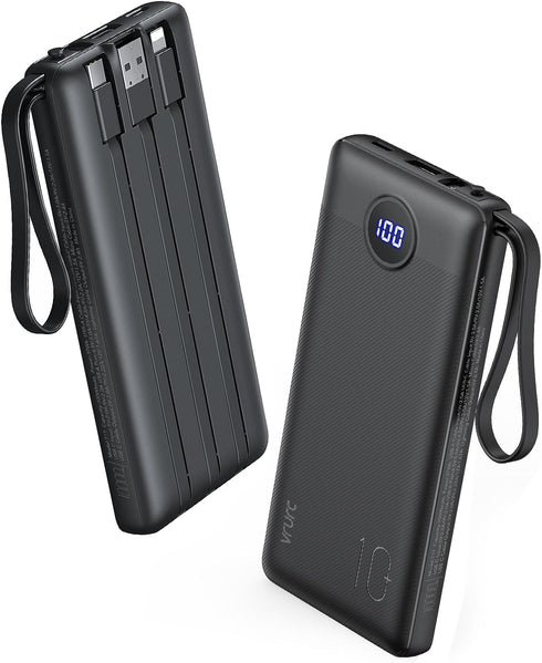VRURC Portable Charger Power Bank, 10000mAh, 22.5W Fast Charging, Built-in USB-C Cable for iPhone 15, Black