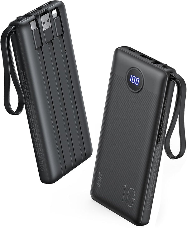 VRURC Portable Charger Power Bank, 10000mAh, 22.5W Fast Charging, Built-in USB-C Cable for iPhone 15, Black