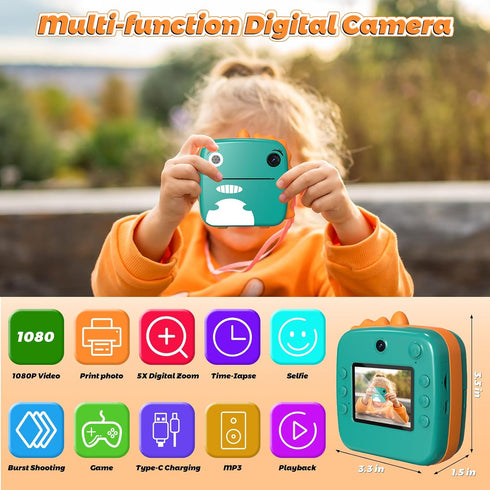 MFLABEL Kids Instant Print Camera, HD Dinosaur Selfie Digital Camera with 1080P Videos, Portable Travel Toy Set
