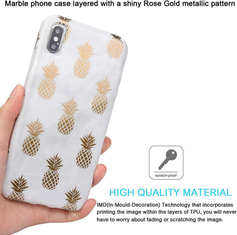 JAHOLAN Clear Bumper TPU Soft Rubber Silicone Case for iPhone Xs Max 2018, Shiny Rose Gold Pineapples Marble Design