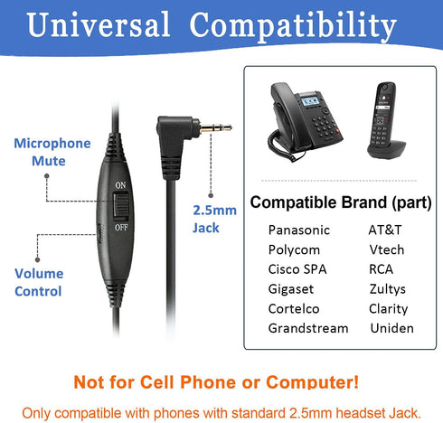 Callez Phone Headset with Noise Cancelling Microphone and Volume Control, 2.5mm Compatible with Panasonic AT&T Vtech
