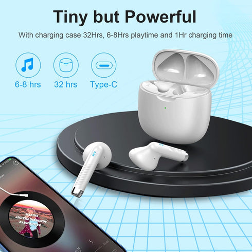 Jxrev Wireless Earbuds, Bluetooth 5.3 Noise Cancelling Mic, IP7 Waterproof Sports Earphones, 32H Playtime, White