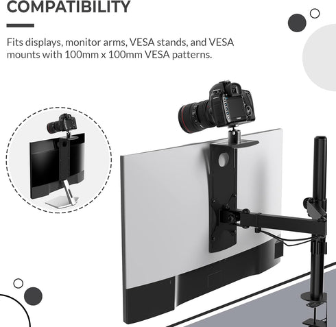 HumanCentric DSLR Monitor Mount, Camera Shelf for Desk, Light Webcam and Microphone Shelf for Monitor Arm