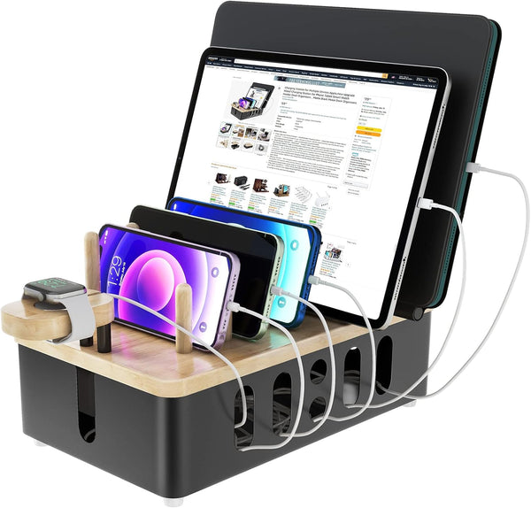 Metal Charging Station for Multiple Devices, New Upgrade Wood Charging Station for Phone, Tablet, Smart Watch Holder,
