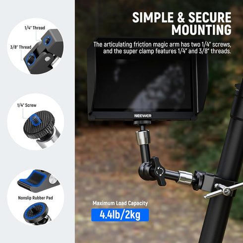 NEEWER 6"/15cm Adjustable Magic Arm with Super Clamp, 1/4" & 3/8" Threads for Flash/LED Light/Microphone/Monitor