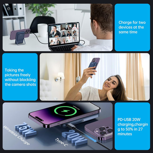 Wireless Portable Charger 10000mAh - Mag-Safe Compatible, 20W PD Fast Charging with Foldable Stand, Dark Blue