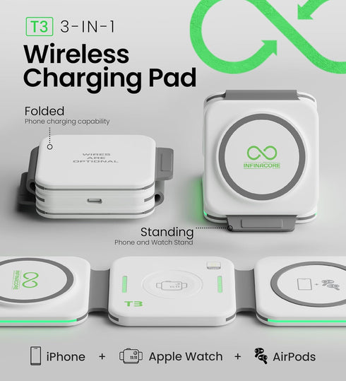 InfinaCore T3 Tri-Charge Wireless Charging Pad - 3-in-1 Station for iPhone, AirPods & Watch - Fast Charging Up to 25W,