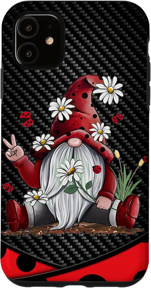 iPhone 11 Red Gnome Hippie Daisy Flowers Gnome Ladybugs Christmas Case