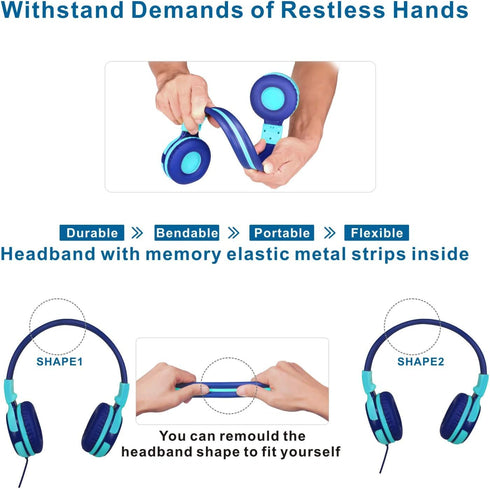 SIMOLIO Foldable Kids Headphones with Mic, 75dB-94dB, Share Port, Stereo Wired, Hearing Protection, Mint, Portable