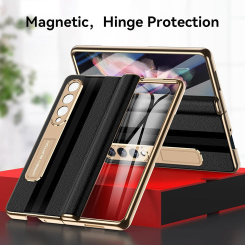 Samsung Galaxy Z Fold 3 Phone Case - Luxury Genuine Leather, Full Body Hinge Protection, Built-in Screen Protector