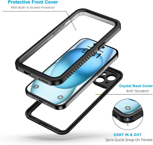 Lanhiem IP68 Waterproof Case for iPhone 15, Dustproof, Shockproof, Built-in Screen Protector, 6.1 inch, Black/Clear