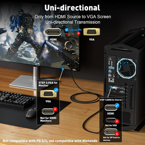 HDMI to VGA Cable Adapter 3.3FT, Gold-Plated Plugs, 1080P Aluminum HDMI to VGA Display Braided Cord