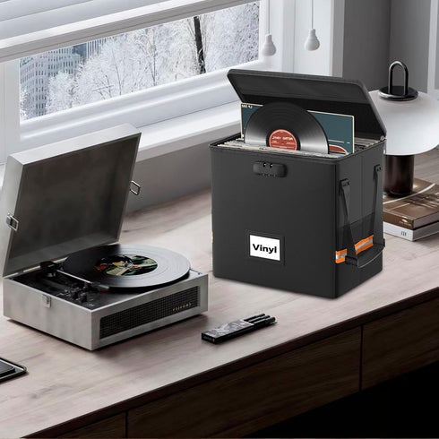 Fireproof Vinyl Record Storage Box - Black Water Resistant Organizer Holds 55 Single Albums, Collapsible Carrying Case