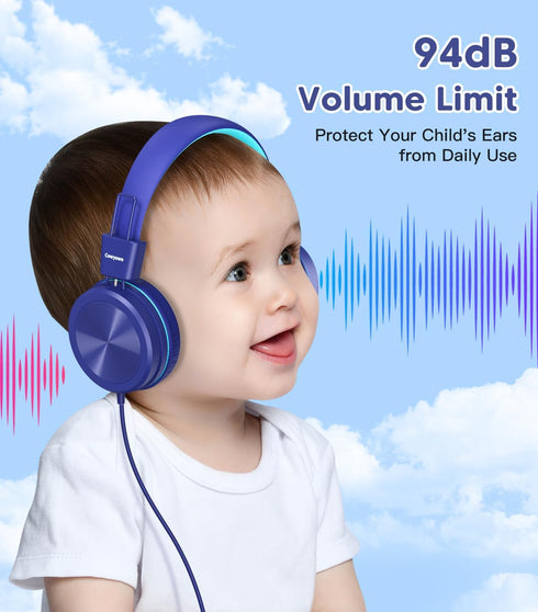 Kids Headphones, Toddler Headphones with Safe Volume Limiter 94dB, Wired School Headphones for Kids with Adjustable and Flexible Design for Boys and Girls (Blue)