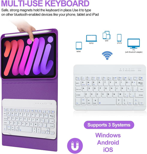 iPad Mini 6 Keyboard Case 2021: Boriyuan Detachable Wireless Bluetooth Keyboard Slim Folio Smart Cover, Purple