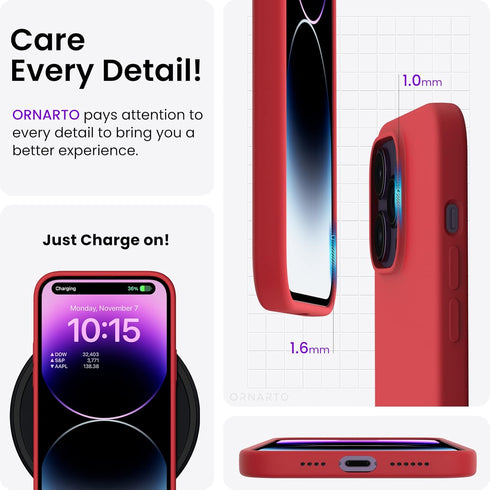 ORNARTO Slim Liquid Silicone Phone Case for iPhone 14 Pro Max, 6.7 inch, Red with Microfiber Lining