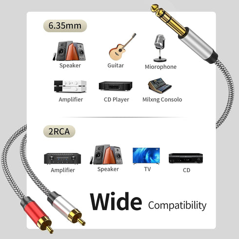 RCA to 1/4 Cable 3FT, 1/4 TRS to RCA Y Splitter Audio Cable for Home and Studio Use