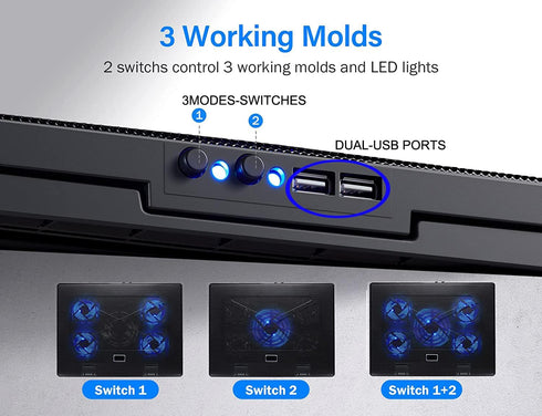 Laptop Cooling Pad for 17inch 15.6 14 13 12inch, Gaming Cooler with 5 Quiet Fans, LED Lights, 2 USB Ports, Adjustable