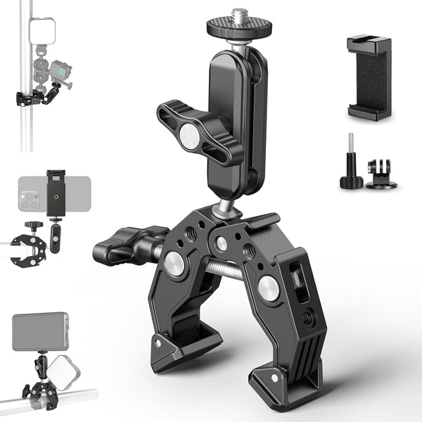 NEEWER Super Clamp with Dual Ballhead Magic Arm, Cold Shoe, 1/4" Threads, Phone/Action Camera Mount Adapter for Tripod,