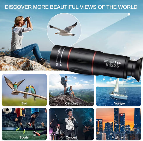 LXSMPWY 64X Zoom Mobile Phone Telephoto Lens with Tripod & Phone Clamp - HD FMC Monocular Lens for Long Distance