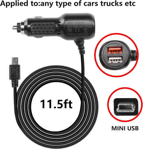 MEIRIYFA Dash Cam Power Cable, Dash Cam Charger Mini USB, QC3.0 Fast Vehicle Car Charger with Dual USB Ports for Various Models of Car DVR, Navigator, Early Warning (11.5FT)