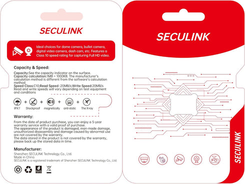 SECULINK FAT32 10 24/7 (32GB) TF Memory Card Format Class High Speed Reading/Writing Recording for Security Camera Dash