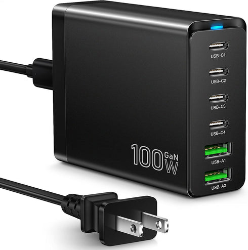 Fast USB C Charging Station, 100W 6-Port Charger Block with 4 USB-C and 2 USB-A Ports for iPhone, iPad, Galaxy
