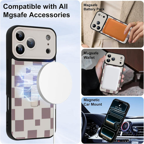 LEOMAKRON 17 for iPhone Pro Max Case with Finger Strap Kickstand,Compatible with MagSafe,Cute Checkered Checkerboard