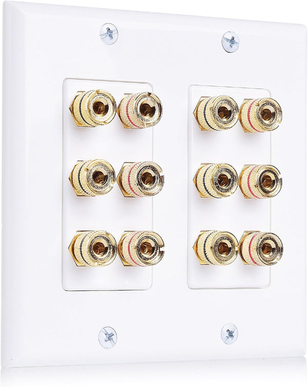 Cable Matters Double Gang Speaker Wire Wall Plate, Gold Plated with Banana Plug Binding Post for 6 Speakers, White