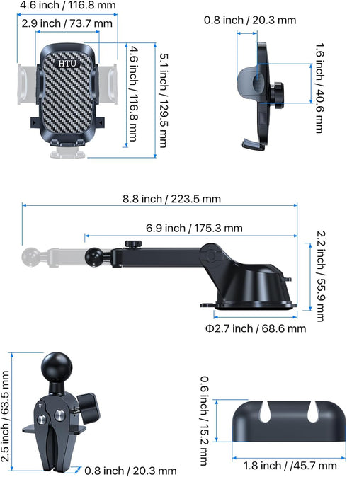 HTU 2024 Best Car Phone Holder Mount, Strongest Shockproof 5-in-1 Dashboard Stand for iPhone 16 15 Android