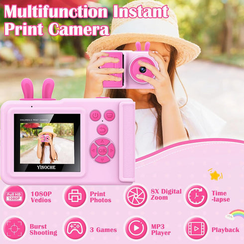 Kids Instant Print Camera, 1080P Toddler Camera That Prints Photos, Gifts for Girls Age 3-12, Pink