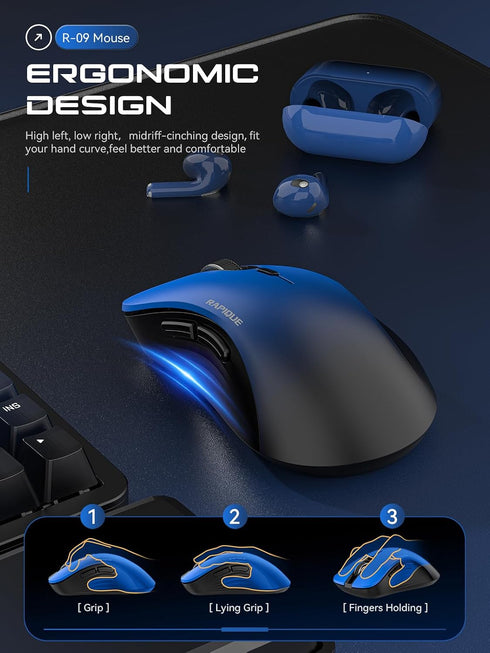 RAPIQUE 2.4 Bluetooth Wireless Mouse - Dual Bluetooth & GHz USB Receiver, Comfortable Grip, Quiet Clicks, Low Power