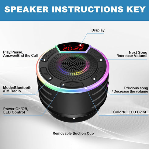 Bluetooth Speakers, IPX7 Waterproof Shower Speaker with LED Display, FM Radio, Suction Cup, Built-in Mic, Best Gifts