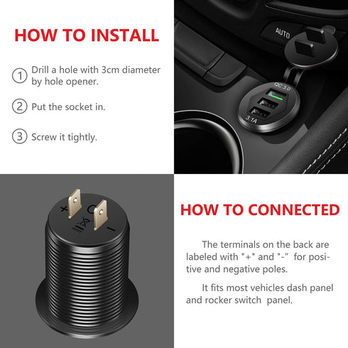 Quick Charge 3.0 Car Charger, 12V/24V 35W QC3.0/2.0 USB Charger Socket, 3 USB Power Outlet Fast Charge with Wire Fuse