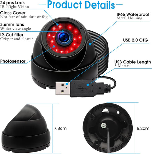 USB Security Camera Outdoor Dome Webcam, 720P Day & Night Vision, Waterproof Camera for Car Park Baby Monitor Home