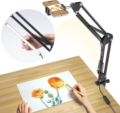 Overhead Phone Mount, Articulating Arm Cell Phone Holder with USB LED Light for Live Streaming, Video Recording