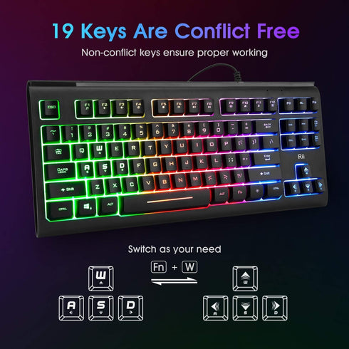 Rii Gaming Keyboard, 87-Keys RGB Backlit Compact Keyboard, Silent USB Wired for Laptop PC Windows Mac