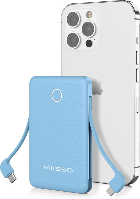 6000mAh Ultra Slim Power Bank, Card Size with Built-in USB C Cords, Portable Charger for Phones, Blue