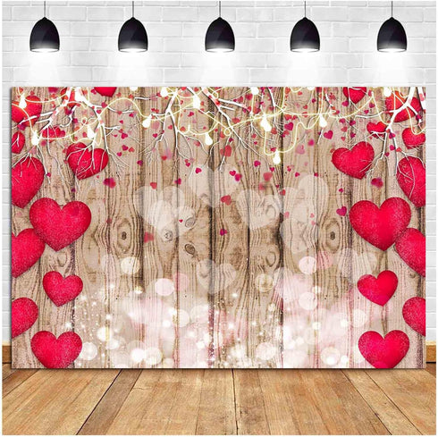 Red Love Heart Valentine's Day Vintage Rustic Wood Theme Photography Backdrops 7x5ft for Parties