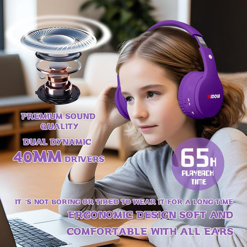Kids Bluetooth Headphones 5.3 Wireless, 60H Play Time, Volume Limit 85/110dB, Over Ear, Foldable, Purple